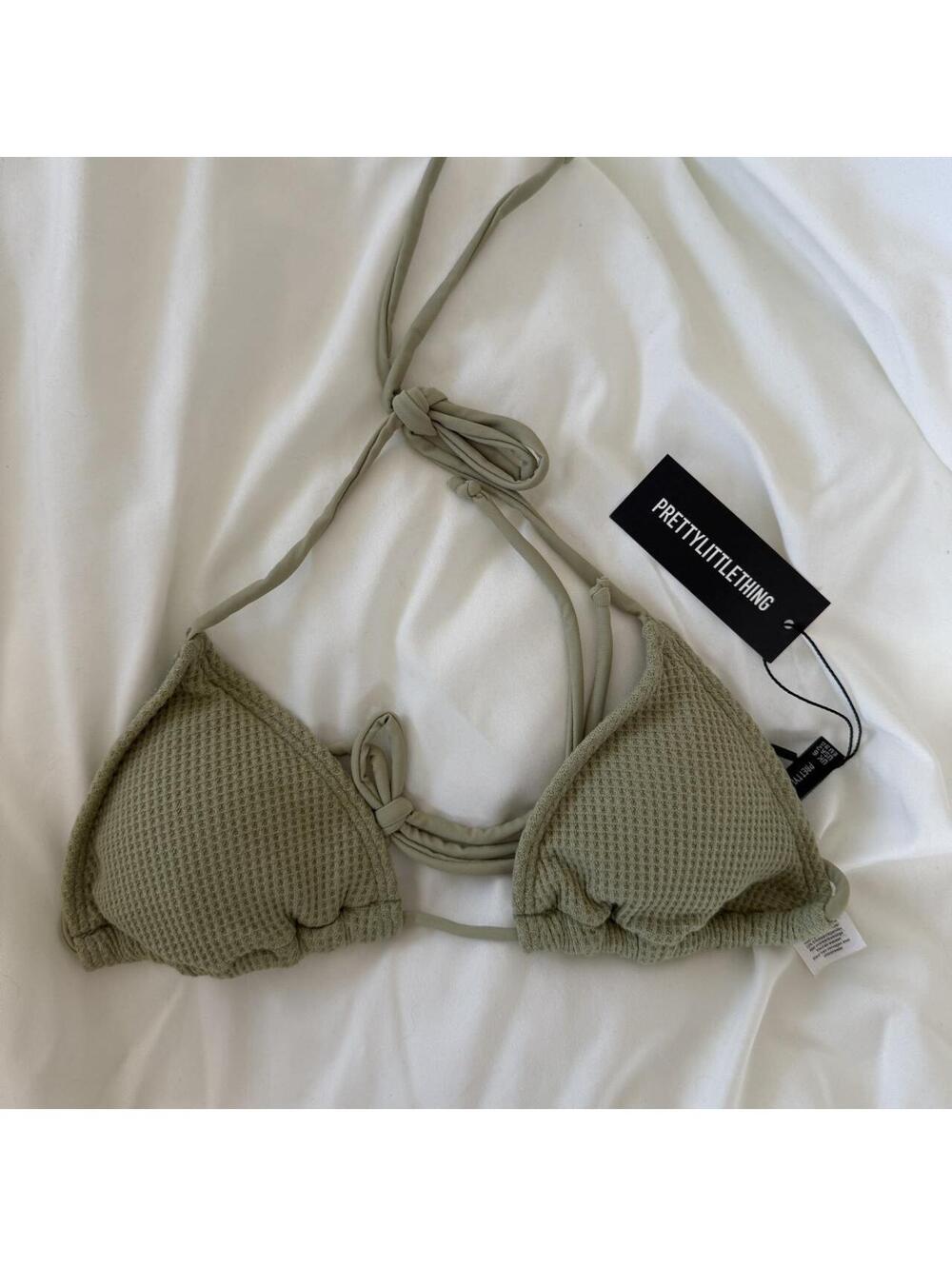 Pretty little thing sage green textured tie bikini top NWT